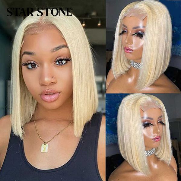 Pelucas de cabello Bob corto Color humano 613 Honey Blonde t Part Lace Frontal Bleach Nudos 13x4 Hd Front 230510