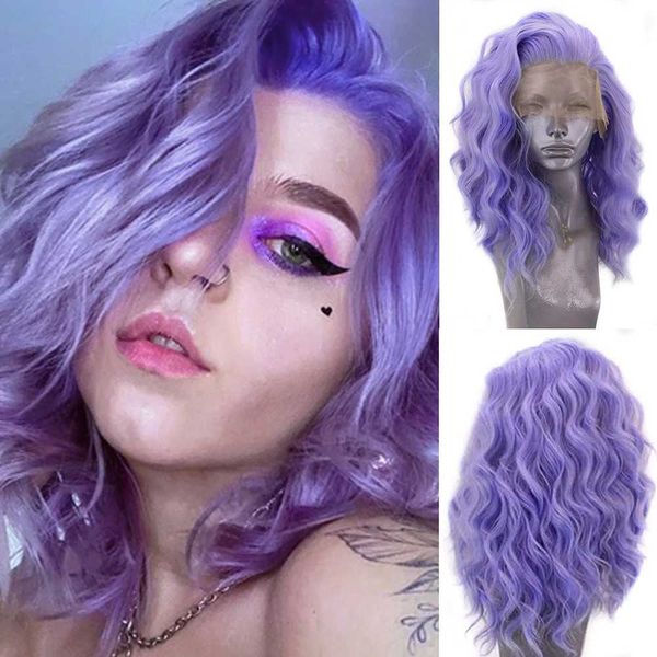 Pelucas de cabello Bob corto Color púrpura Pelucas sintéticas Rizo suelto Ondulado Parte libre Fibra de calor Peluca delantera de encaje Mujeres usan maquillaje cosplay 240306