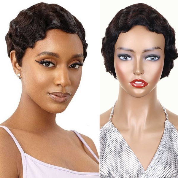 Cheveux Perruques Court Doigt Vague Bouclés pour Femmes Brésilien Humain Pixie Cut Machine Fait Mix Pas Cher Partie 230510