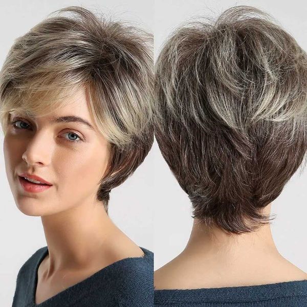 Perruques de cheveux courts coupe lutin pour femmes brun blond mélangé avec frange remplacement d'aspect naturel 231121