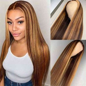 Perruques de cheveux raides à reflets t Lace Wig humaine pour femmes couleur marron avant 220722