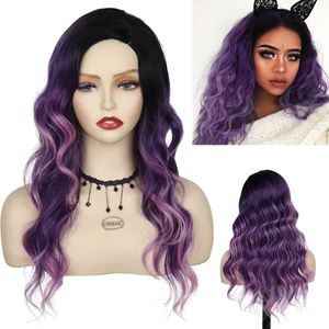 Perruques de cheveux synthétiques noir violet Ombre perruque longue vague de corps naturel eau coiffure Sexy femme pour les femmes Cosplay 240306