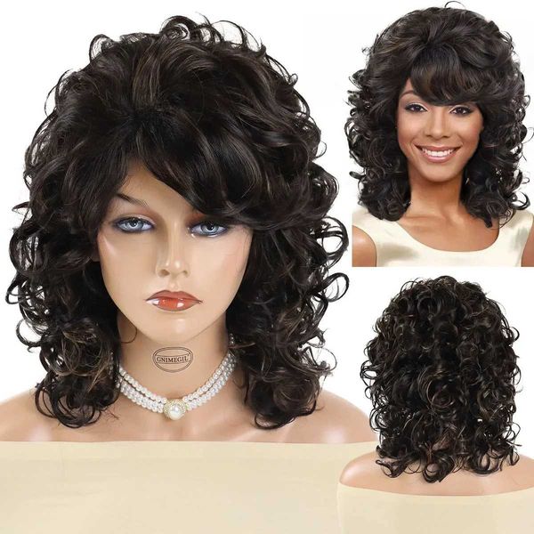 Pelucas de cabello sintético marrón resaltado peluca afro rizado con flequillo natural esponjoso medio para mujeres negras fiesta de cosplay diaria 240306