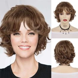 Perruques de cheveux synthétiques marron courte perruque bouclée pour femmes filles jolie coiffure douce perruque avec frange quotidien Cosplay fête cheveux décontractés 240306