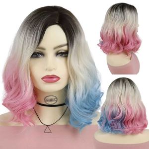 Haar Pruiken Synthetische Donkere Wortel Ombre Blonde Half Roze Blauw Korte Krullend Golf Pruik voor Vrouwen Cosplay Kostuum Lolita Anime 240306