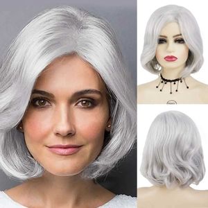 Pelucas de cabello sintético gris elegante corto bob peluca rizada para mujeres natural suave anciano mamá fiesta diaria abuela regalo 240306