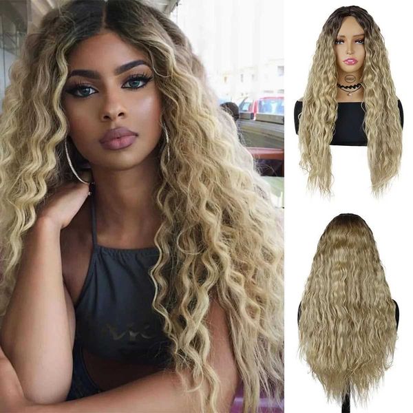 Perruques de cheveux synthétiques longue vague bouclée perruque racine foncée Ombre Blonde pour femmes filles Cosplay fête Sexy eau naturelle 240306