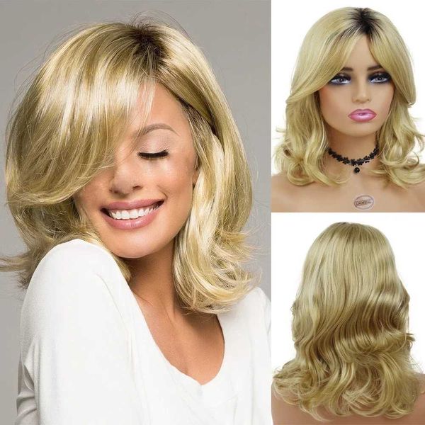 Perruques de cheveux synthétiques longue vague bouclée perruque racine foncée Ombre Blonde avec frange pour les femmes naturel doux Cosplay fête 240306