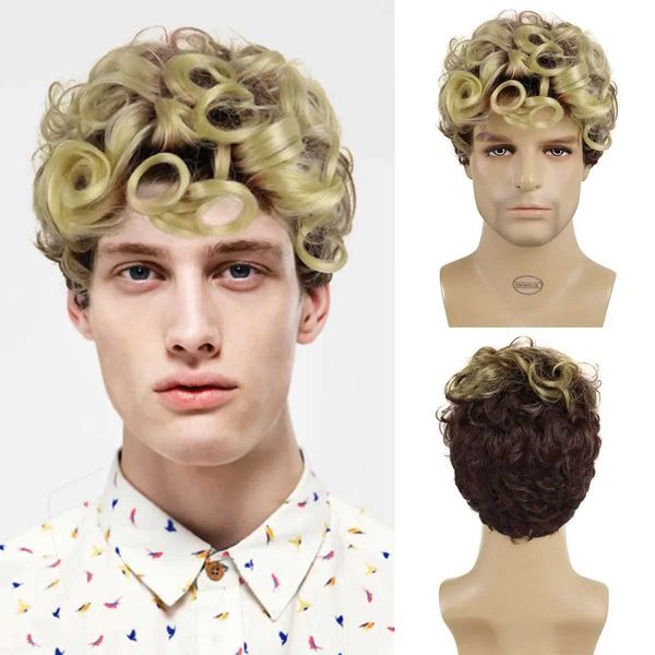 Perruques de cheveux synthétiques Ombre Blonde à brune Afro perruque bouclée pour hommes boucles rebondissantes naturelles Cosplay Halloween fête courte mâle 240306