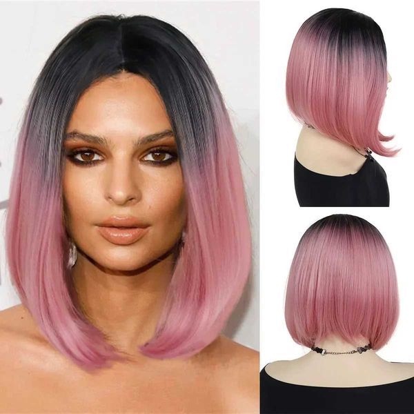 Pelucas de cabello sintético ombre dos tonos negro rosa corto recto bob para mujeres parte media cosplay halloween natural 240306