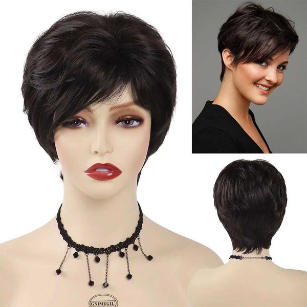 Perruques de cheveux synthétiques coupe lutin perruque avec frange noir ou brun femme courte naturel ondulé pour les femmes quotidiennes résistantes à la chaleur 240306
