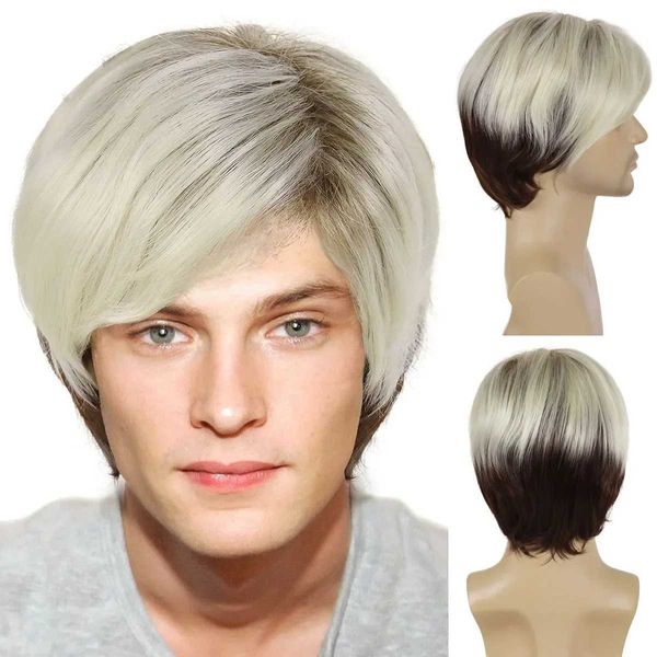 Perruques de cheveux synthétiques platine blond ombré brun pour hommes perruque courte avec frange Cosplay Halloween fête hommes naturels 240306