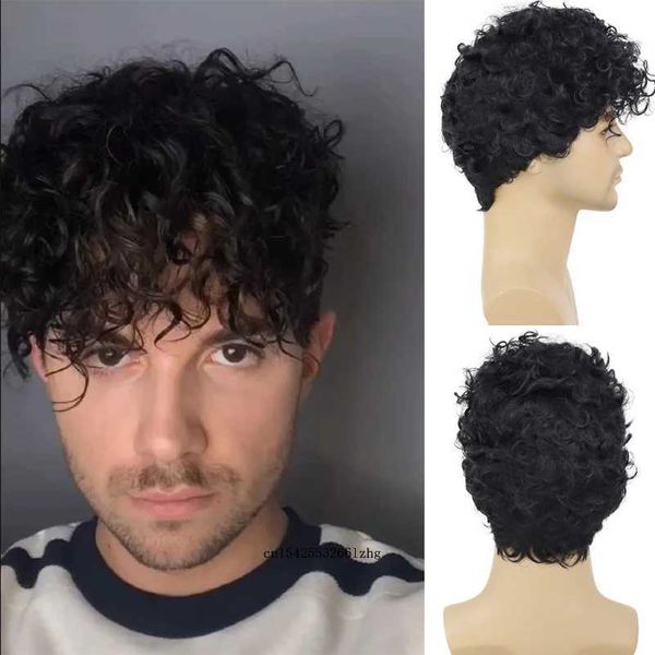 Perruques de cheveux synthétiques courtes perruque noire pour hommes Afro désordre Perm coupe de cheveux bouclée beau avec frange quotidien Cosplay Halloween fête 240306