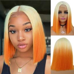 Perruques de cheveux synthétiques courtes Bob droite dentelle avant perruque Ombre deux tons blond orange pour les femmes noires longueur d'épaule fibre thermique 240306