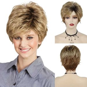 Perruques de cheveux synthétiques courtes droites maman perruque avec frange Blonde mélange brun couches quotidien Cosplay fête coiffure naturelle 240306