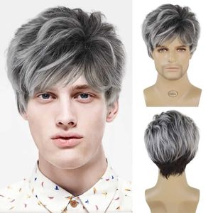 Perruques de cheveux perruque courte synthétique pour hommes noir mélange gris avec frange coiffure bouclée coupe de lutin naturelle Cosplay résistant à la chaleur 240306