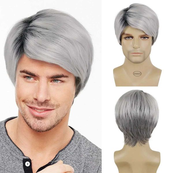 Perruques de cheveux synthétiques argent gris Ombre perruque pour hommes côté séparation frange naturel doux moelleux coiffure plus âgé mâle Cosplay fête 240306
