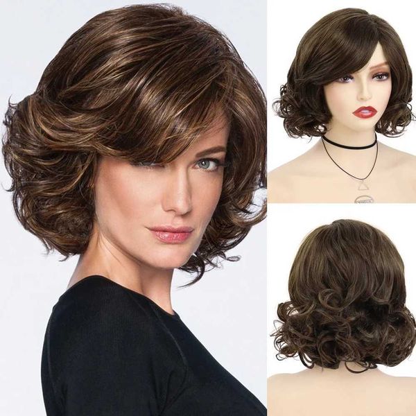 Pelucas de cabello Peluca rizada corta sintética para mujer con flequillo Marrón oscuro natural Bob Fluffy Elegante Cosplay diario Mamá 240306