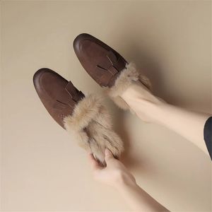 Haar winter schapen lederen konijn muilezels schoenen voor vrouwen rond lage dikke hiel deksel teen slippers