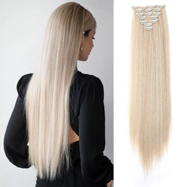 Coupe de cheveux 24inch 16 clips dans les extensions de cheveux longs cheveux synthétiques droits blonds blanc épaisses épais