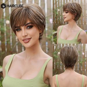 Haircube Korte Pixie Cut recht bruin Hoogtehoogte Synthetisch haar voor vrouwelijke mannen met pony Daily Cosplay Heat Resistant 240327