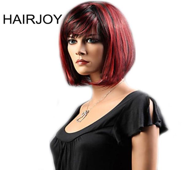 HAIRJOY Peluca recta corta mixta negra y roja para mujer de pelo sintético 7986044