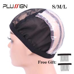 Filets à cheveux Plussign 5 pièces/lot casquettes de perruque en maille respirante pour la fabrication de perruque S/M/L bande élastique dôme casquettes en maille Spandex dôme casquette avec 10 pièces perruque peigne