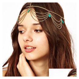 Haarspelden etnische boho s bruid haarspeld accessoires voor vrouwen gouden kwastjes charme haarbanden groen turquoises hoofdketens dhgarden dh8bo