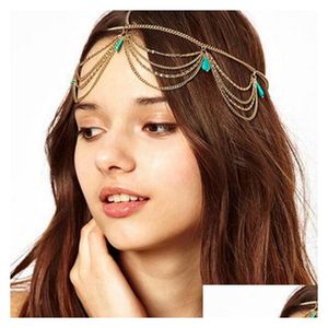 Épingles À Cheveux Ethnique Boho S Mariée Épingle À Cheveux Accessoires Pour Femmes Or Glands Charme Bandeaux Vert Turquoises Tête Chaînes Dhgarden Dh8Bo