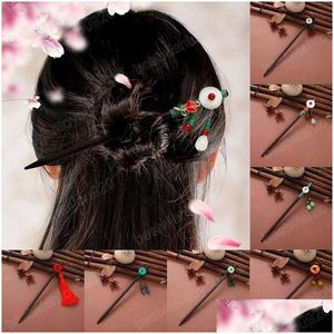 Haarspelden Mode Vintage Houten Haarstokken Lange Kwasten Bloem Vorken Chinese Stijl Handgemaakte Haarspeld Retro Bruid Accessoires Drop Deli Otnvh