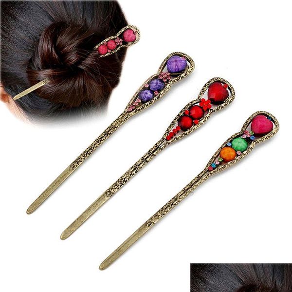 Horquillas Vintage Bronce Disco Dispositivo para el cabello Aleación ColorF Rhinestone Metal Pines Long Updo Headwear para mujeres Accesorios de moda Drop Deli Otjpp