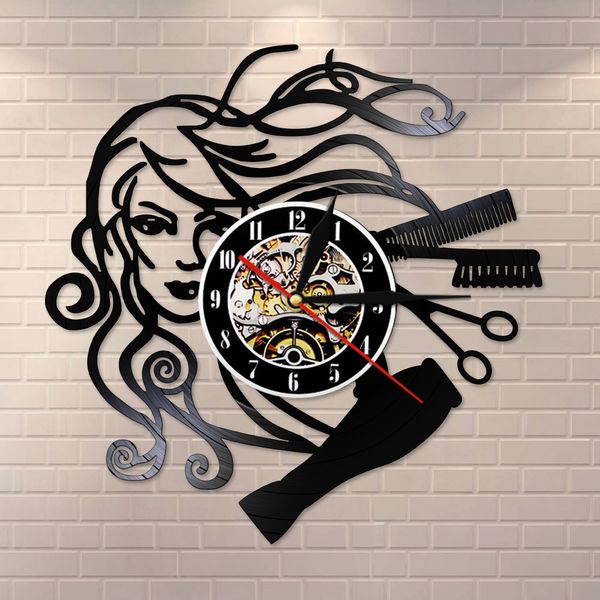 Peinado salón de belleza de belleza Vinyl Record Wall Reloj Stylist Salon Barber Shop Retro Black Wall Relojes de peluquería para mujer 201118