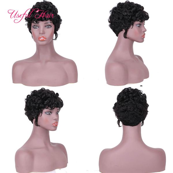 coiffures pour cheveux mi-longs femmes Ombre perruques coiffures pour cheveux courts bouclés bang Virgin Human Wigs Kinky Curly Black Marleyv