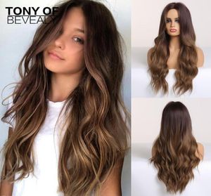 HairSynthetic noir Long Wafy synthétique ombre ombre brun middle partie naturel cheveux pour femmes cosplay fibre résistant à la chaleur2890372