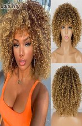 HairSynthetic s Kort Voor Zwarte Vrouwen Afro Kinky Krullend Met Pony Synthetische Natuurlijke Lijmloze Ombre Bruin Blond Cosplay Pruik3233904