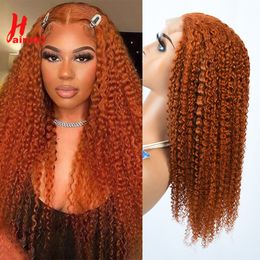 Hairugo Ginger Orange Pinky Curly Wig 4x4 Close de fermeture Perruques de cheveux humains avec des cheveux bébé remy Perruque de fermeture en dentelle préparée pour les femmes