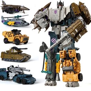 Haizhixing 5 en 1 Transformation Robot Car Toys Anime Devastator Aircraft Tank Model Ko Boys Truck Collection Kid Adult Gift 240409