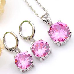 Nieuwe 6 sets / partij mode roze ronde 925 zilveren kleur kubieke zirkonia hangers kettingen daling oorbellen bruiloft sieraden sets voor vrouwen