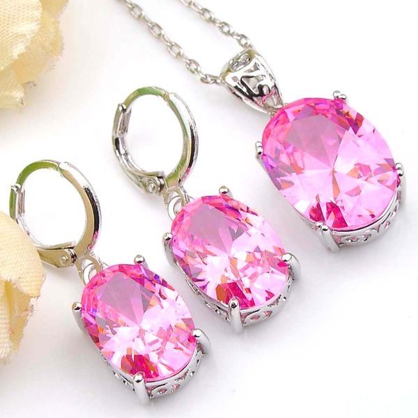 Mode offre spéciale 6 ensembles/lot 925 argent brillant ovale rose cristal cubique zircone CZ gemmes pendentifs collier boucle d'oreille mariages ensembles de bijoux