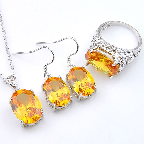 3pcs / set Luckyshine mariage fiançailles mariages bijoux feu brésil citrine gemmes 925 collier en argent sterling pendentifs boucles d'oreilles bagues bijou