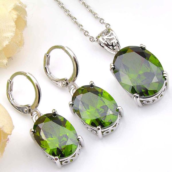 Mode offre spéciale 6 ensembles/lot ovale cristal vert olive zircon cubique gemmes 925 pendentifs en argent collier boucle d'oreille mariages ensembles de bijoux