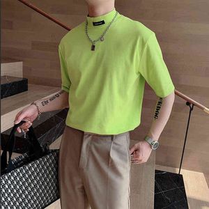 Demi-col haut couleur unie T-shirt hommes mode coréenne lâche T-shirt décontracté hommes Harajuku Streetwear T-shirt à manches courtes hommes G1229