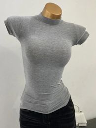 Halfhoge Kraag T-shirt Koreaans Transparant Korte mouwen Slim-fit Elastisch Effen Innerlijk Dieptepunt Shirt Sexy Grote Borst T-shirt 240321