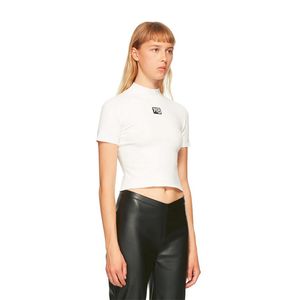 T-shirt manches courtes col mi-haut pour femme, haut basique avec lettres brodées, couleur unie, Slim, printemps-automne