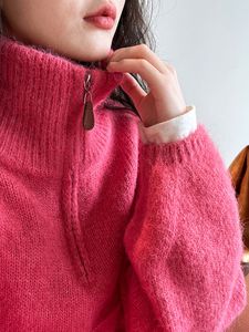 Pull à fermeture éclair à col mi-haut pour femmes, pull épais en tricot rose ample, rétro français, paresseux, automne et hiver