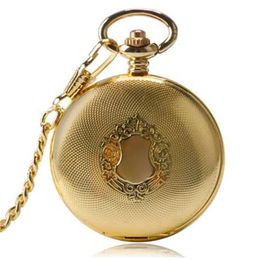 Half Hunter Luxe prachtige Golden Royal Shield Design Pocket Watch Automatische mechanische FOB horloges Men Women Paarhanger Gift253E