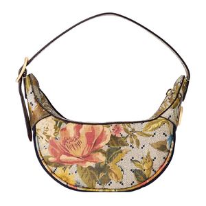 Bolso de axila de media luna Bolsos Bolsos de hombro vintage Impresión de flores de letras Monedero cruzado Partes de hardware Cierre de cremallera Correa ajustable Cartera de bolsillo para teléfono celular