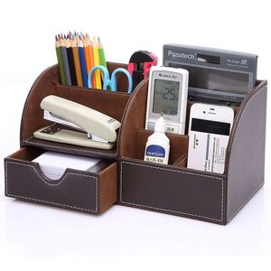 Half PU Leather Office Stationery Desk Organizer 6 compartiments grandes boîtes de rangement support de porte en bois