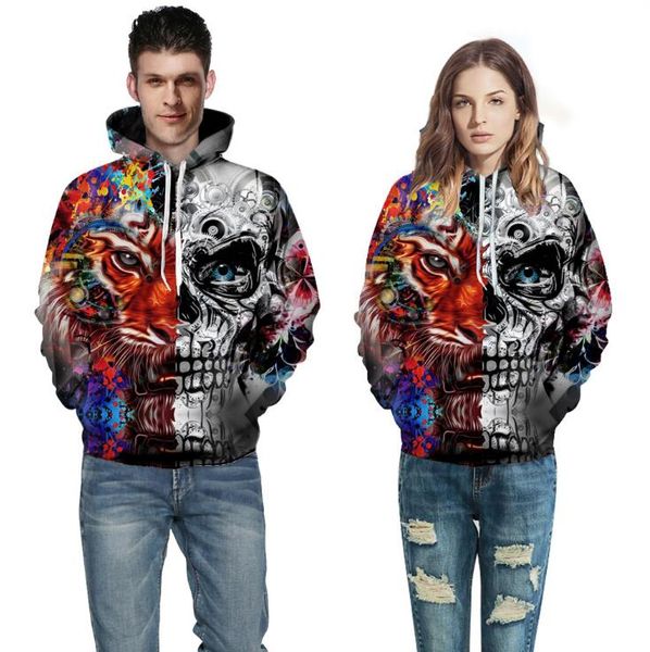 Skull Tiger Printed Hoodies Hombres 3d Boy Chaquetas Pullover Street Wear Out Coat