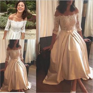 Elegante halve mouw kant trouwjurk korte off-schouder boog boho bruidsjurk